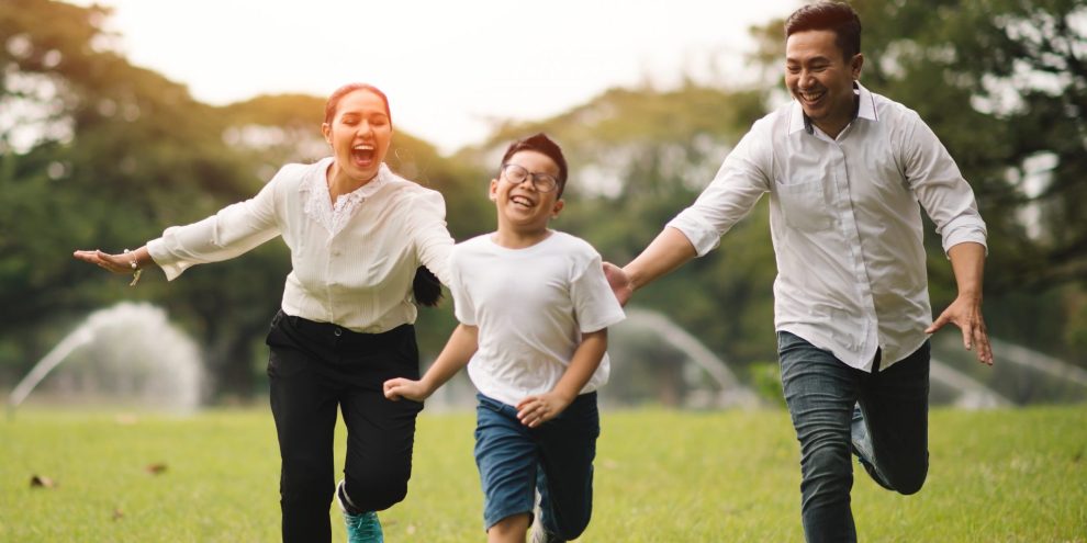 happy family running in the park, family asian group relation qu